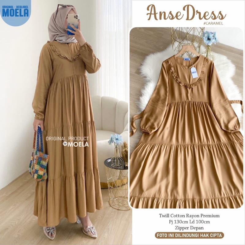 Gamis dress rayon polos Amora/Anse/Celin/Baisa/Biumi/Molin/Ciaji/Jihas/Flate/Tosti/Milly/Tisa/Siuti/Chesa/Fimel/Yapi/Lilci/Balo/Polse/Rensi/Silom/Neta/Rome by Moela berlabel-Anse caramel