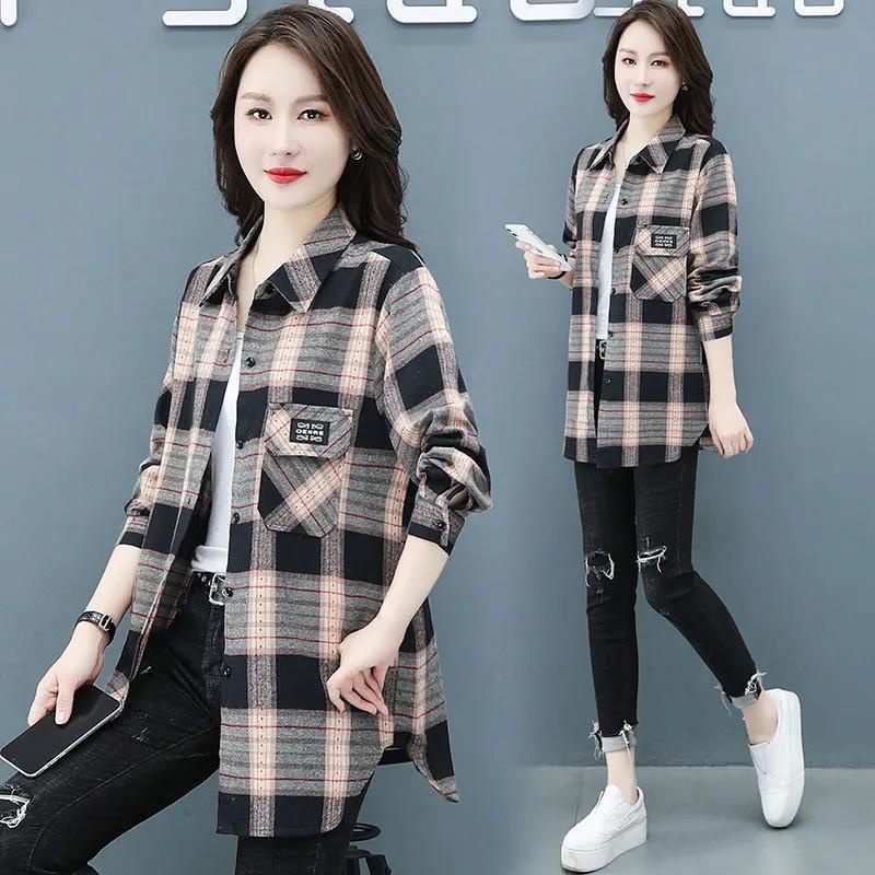 2021 spring and autumn new loose and thin plaid shirt for women with foreign style aging jacket for