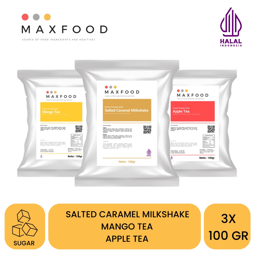 

MAXFOOD - Combo Bubuk Minuman 4 - Salted Caramel Milkshake, Mango Tea, Apple Tea (100Gr X 3)