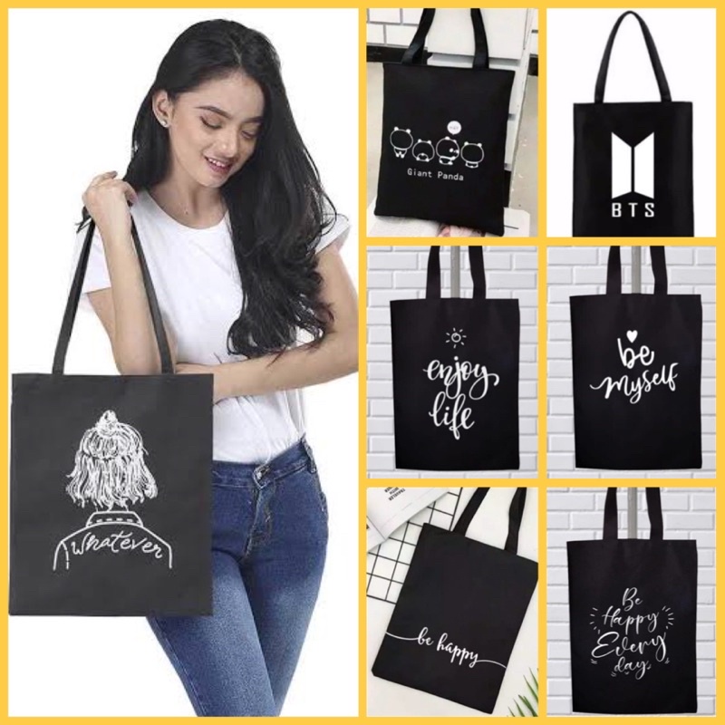 GOODIE BAG TAS JINJING KAIN TOTE BAG KOREA TOTE BAG BTS TOTE BAG HITAM TAS BELANJA