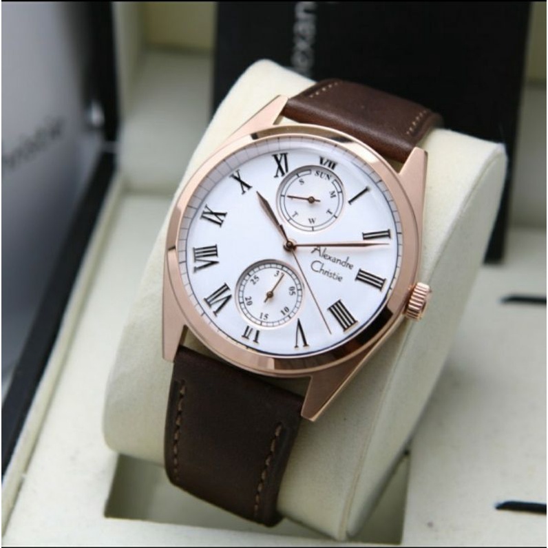 ORIGINAL GARANSI RESMI JAM TANGAN PRIA ALEXANDRE CHRISTIE ANALOG ROSEGOLD BROWN KULIT STRAP ARLOJI W