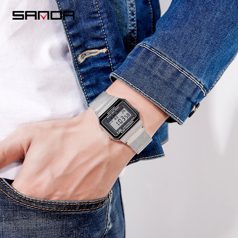 SANDA 6017 Jam Tangan Wanita Digital Sport EL Backlight Tali Stainless Shockproof Anti air WATCHKITE WKOS