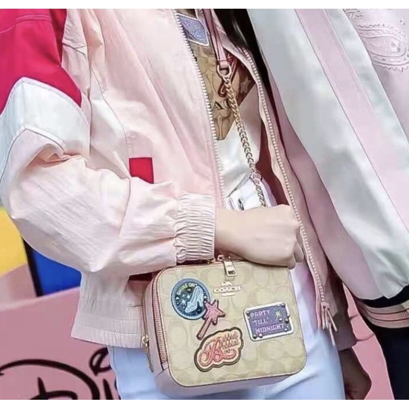 DISNEY X COACH BOX CROSSBODY IN SIGNATURE CANVAS WITH PATCHES