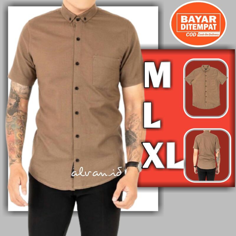 KEMEJA PRIA MENS POLOSAN LENGAN PENDEK COOLMAN PAKIAN PRIA CASUAL MOCCA