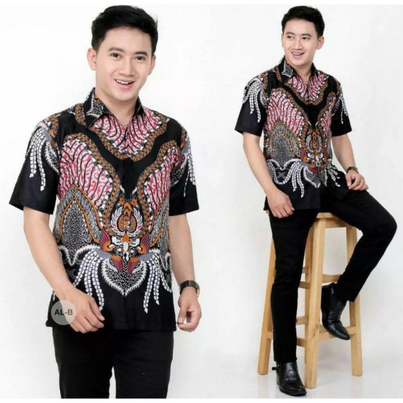 kemeja batik pria Motif hitam manis motif bungga pink