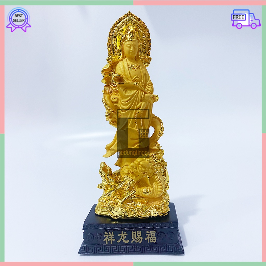 Hiasan Pajangan Patung Dekorasi Kado Hadiah Puja Suci Meja Altar Sembahyang Sembayang Dewi Dewa Mak Kwan Im Kwanim Kwan Im Kuan Im Guan Yin Rupang Welas Asih Belas Kasih Menaiki Naik Naga Liong Menyeberang Air Laut Gold Emas Budha Buddha Resin