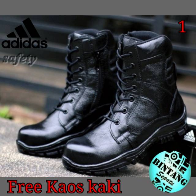 Sepatu boot septi pdl tinggi kulit asli sleting tali Adidas steel toe sol tracking outdoor tactical