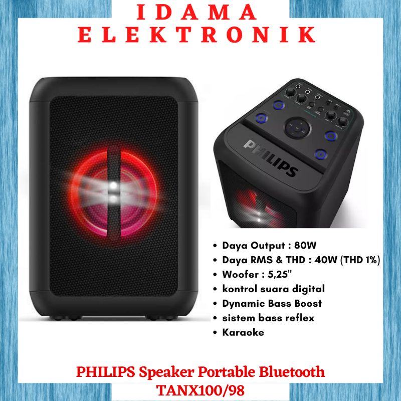 Philips TANX100/98 Bluetooth Party Speaker Hitam 80W Dengan Efek Cahaya dan Kontrol Suara Digital