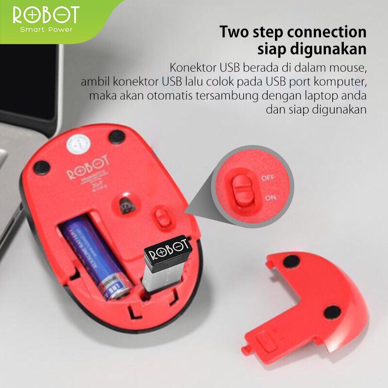 Mouse Wireless ROBOT M310 2.4GHz Silent Optical 1600DPI dengan Receiver USB untuk PC Laptop Original