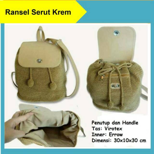 Tas Rajut Ransel Serut Wanita Tutup Vinil Krem Murah