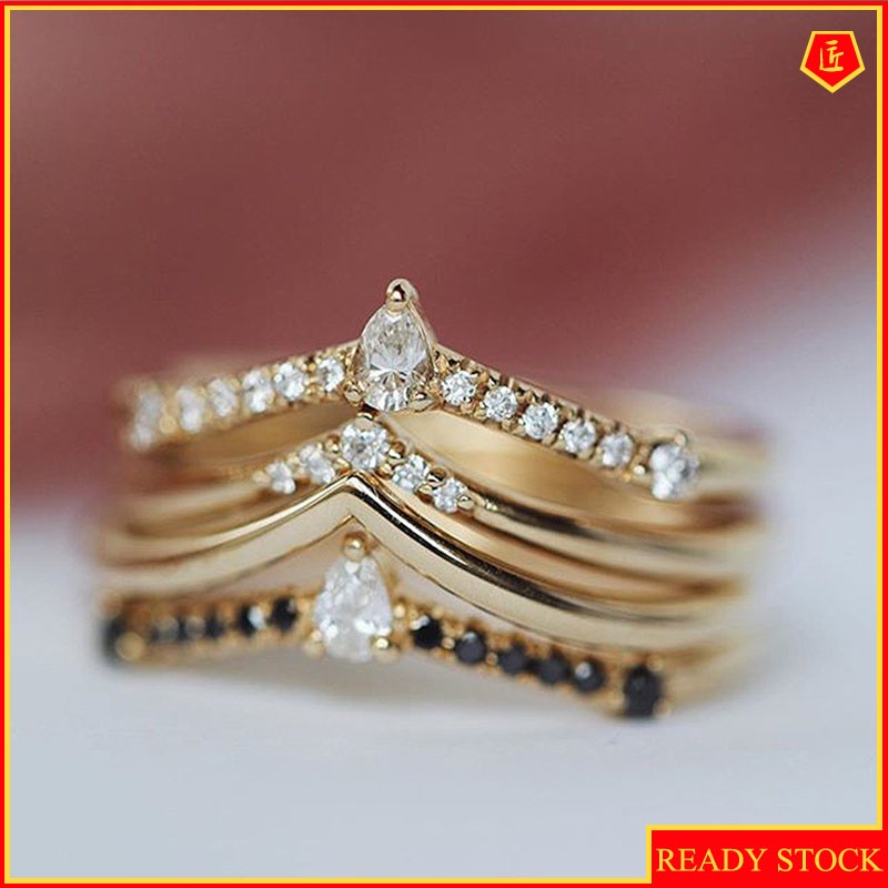 [Ready Stock]Creative Gold Multi-Layer Geometric Diamond-Studded Ring