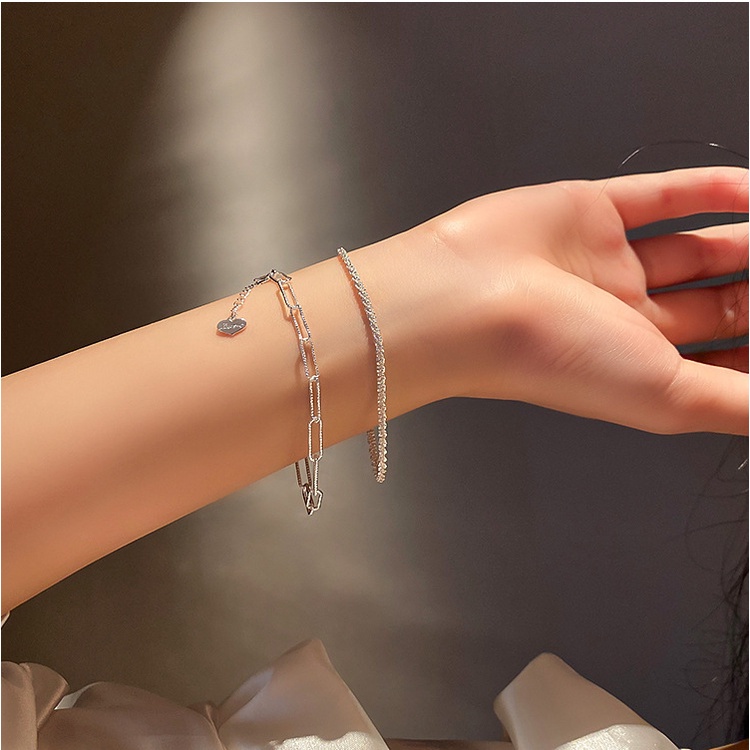 AY(CN) 2pcs / Set Gelang Rantai Lapis Ganda Warna Silver Gaya Korea Untuk Wanita