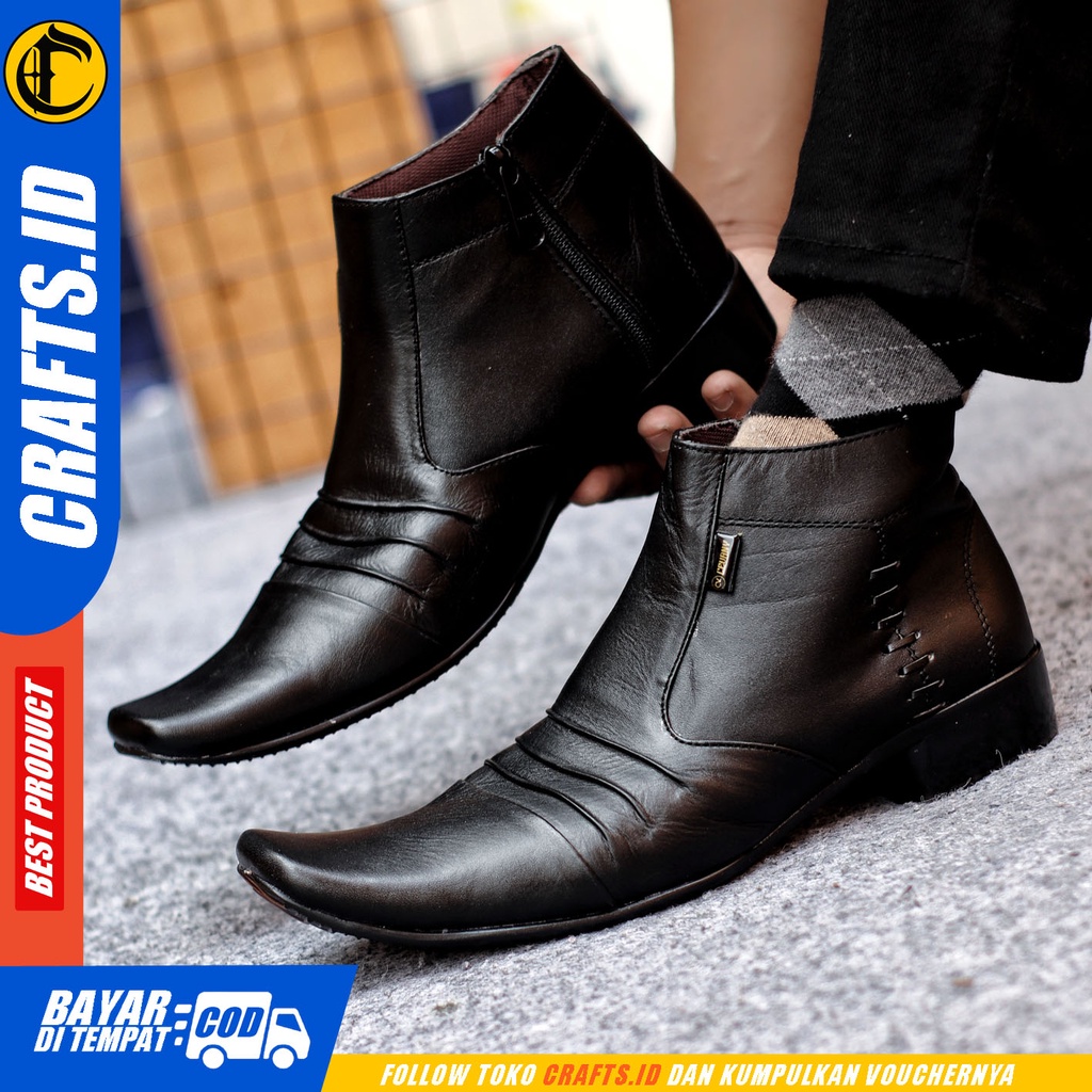 Sepatu Pantofel Pria Sepatu Formal Pria Kulit Asli Zipper Sepatu Pantopel Hitam Kerja Kantor CRAFTS BADAMY