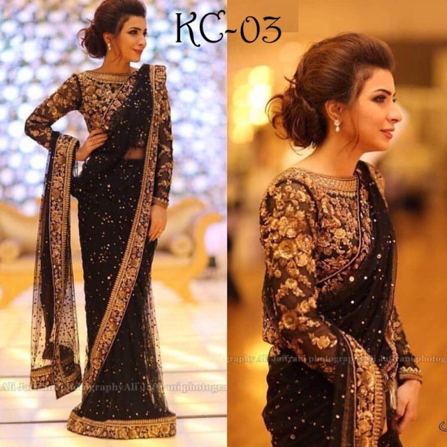 Pre order po sari saree india hitam black mewah