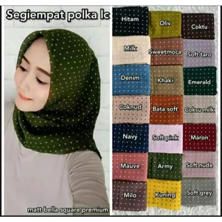 Hijab Segiempat Bella Laser Motif Polkadot Warna Terlengkap / Jilbab Bella Square Polkadot Laser warna terlengkap / Kerudung Segi empat Bella polka Polos Plisket Lidi Ukuran 115cm Hijab Terbaru Bagus