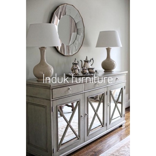 BUFET PAJANGAN MINIMALIS ANTIQE DUCO PUTIH.BUFET TV MINIMALIS