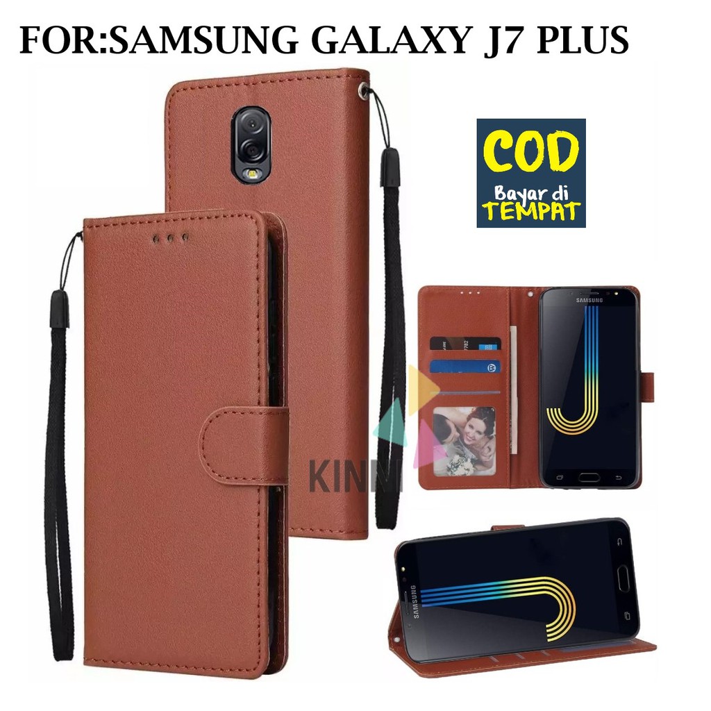 Leather Flip Cover SAMSUNG GALAXY J7 Plus - Casing Dompet Case Premium