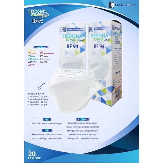 Masker Medis 3D KF94 4PLY, Kemenkes AKD isi 20pcs HEDONA 4ply 3 ply Earloop