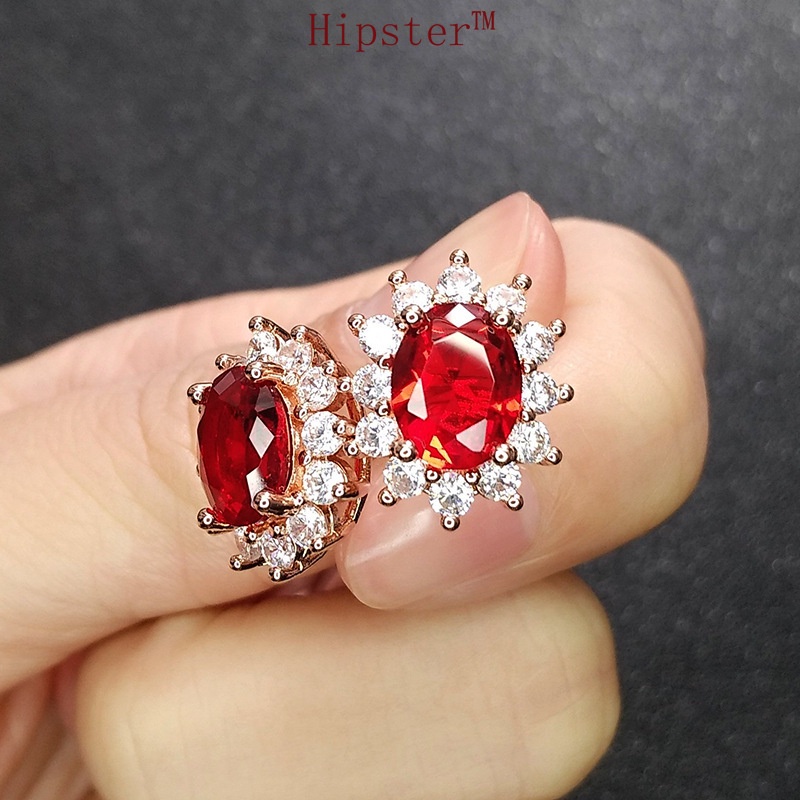 Fashion Personality Affordable Luxury Full Diamond SUNFLOWER Red Crystal Colored Gems Earrings