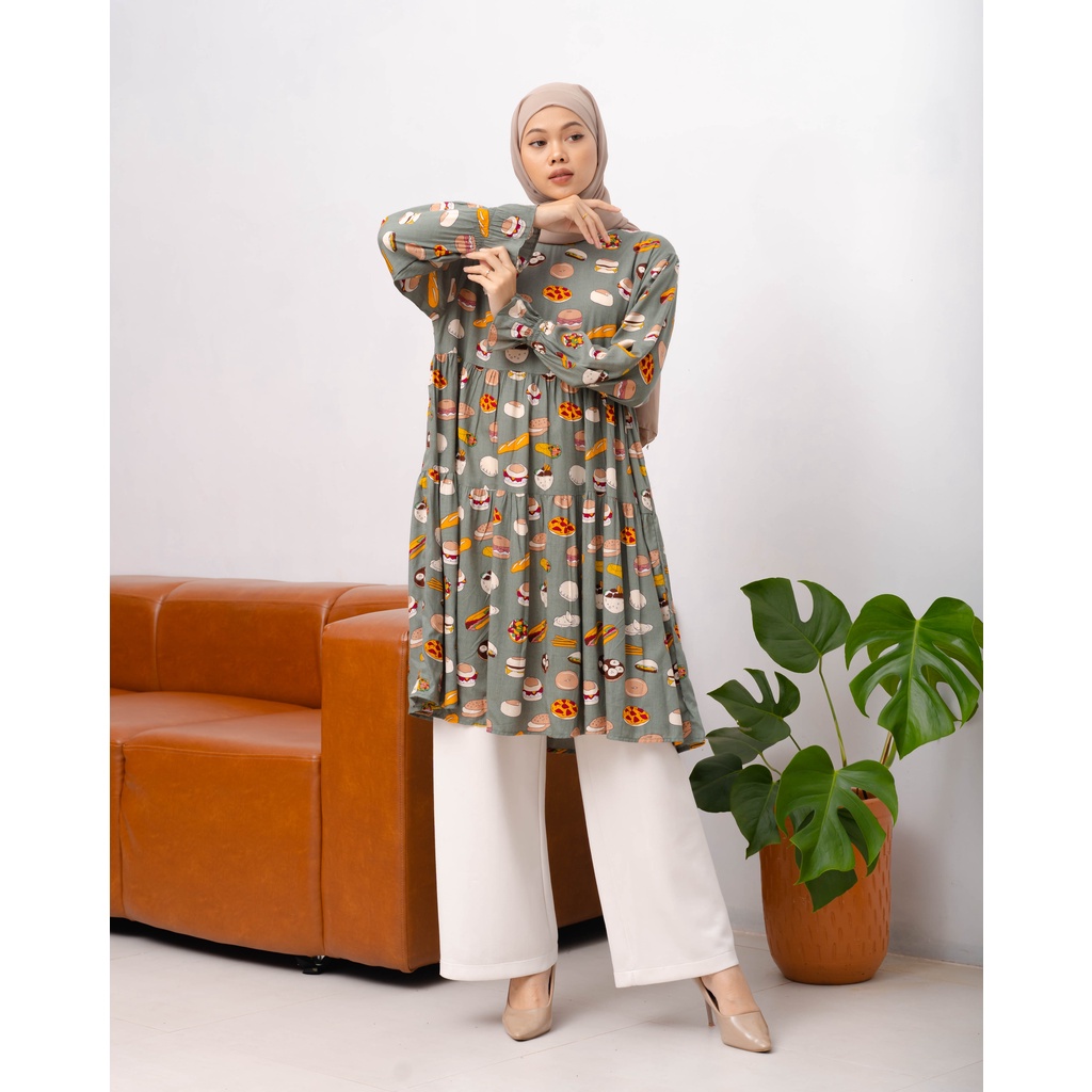 TUNIK ZIA RAYON MOTIF OVERSIZE RUFFLE LONG SHIRT PREMIUM KEMEJA BLOUSE B502