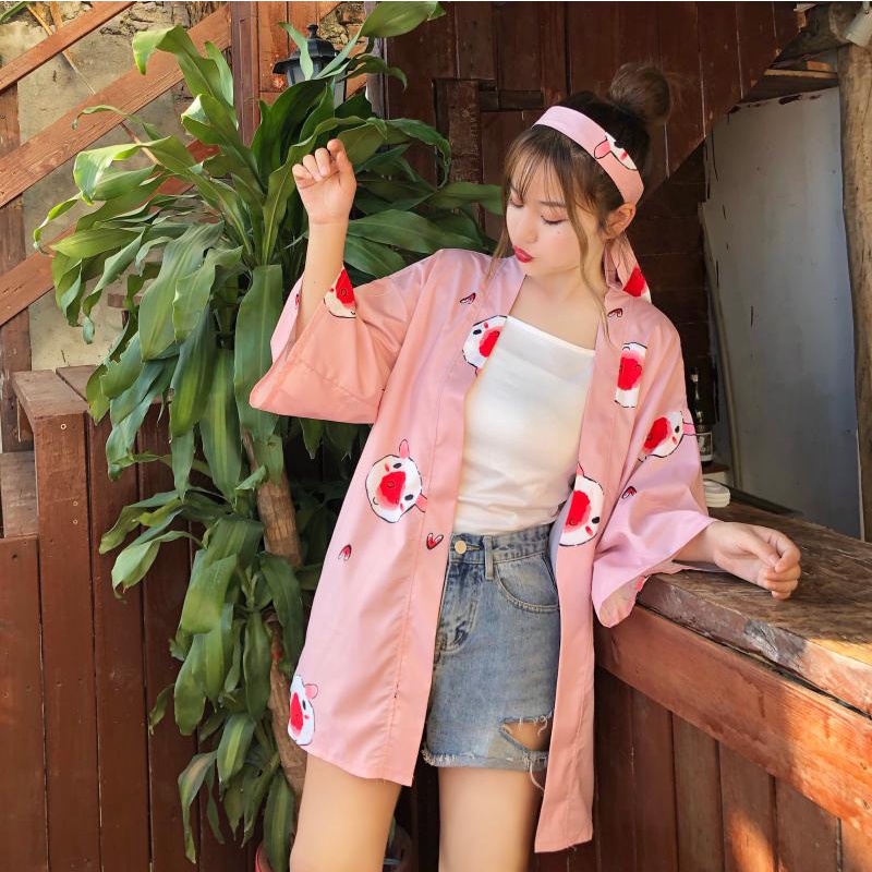 2022 Fashion Casual Pink Purple Street Beach Cardigan Kimono Wanita Motif Jepang Harajuku Kimono Longgar Warna 2023t