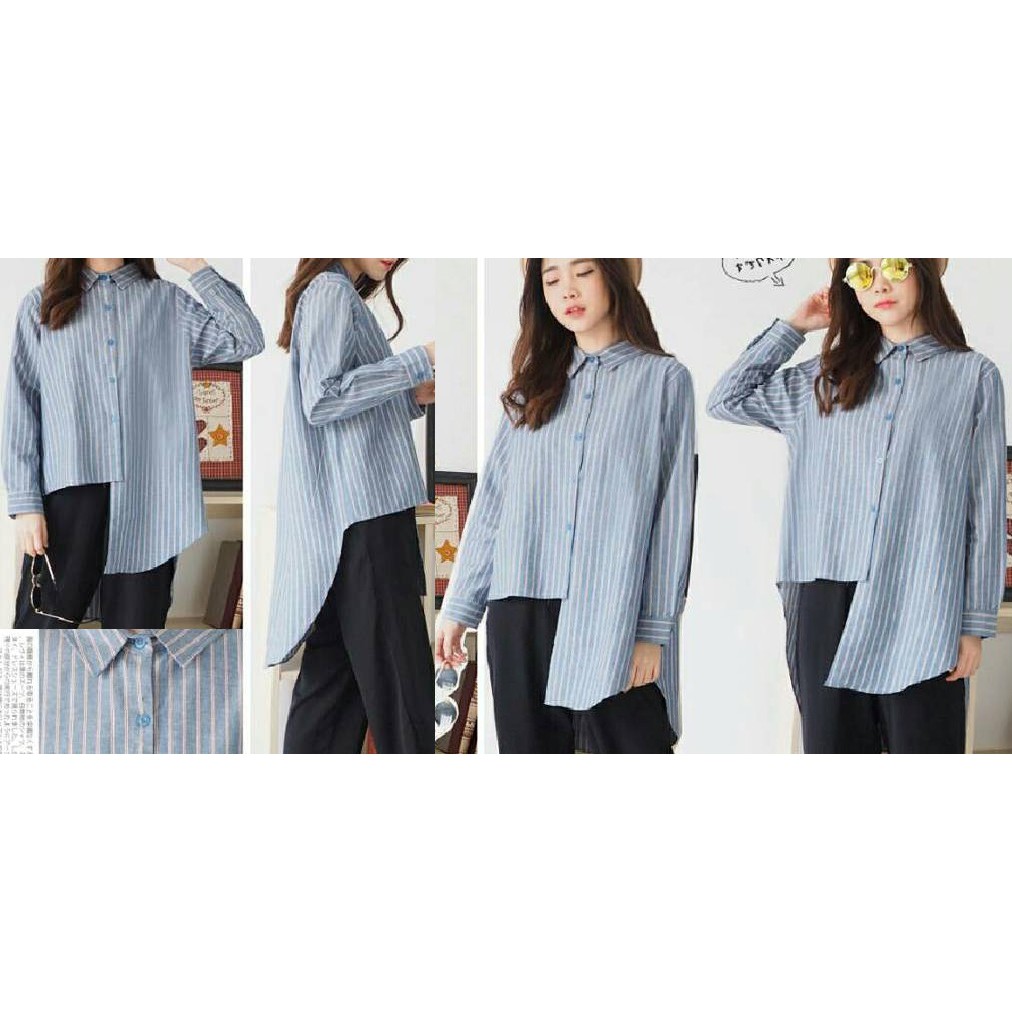 Kemeja wanita Katun denim oxford salur