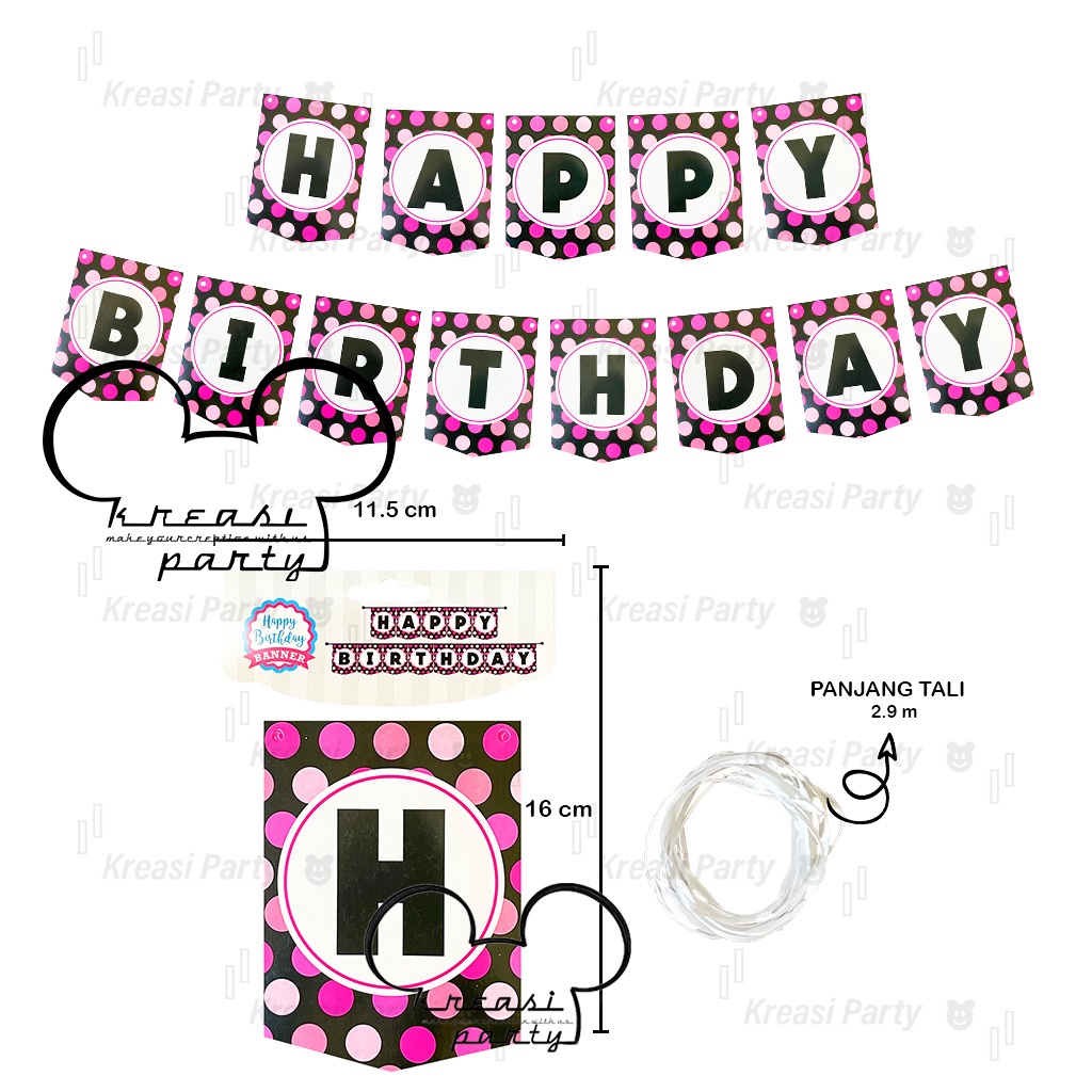 Banner Happy Birthday Polkadot #2 / Bunting Flag HBD / Party Flag HBD