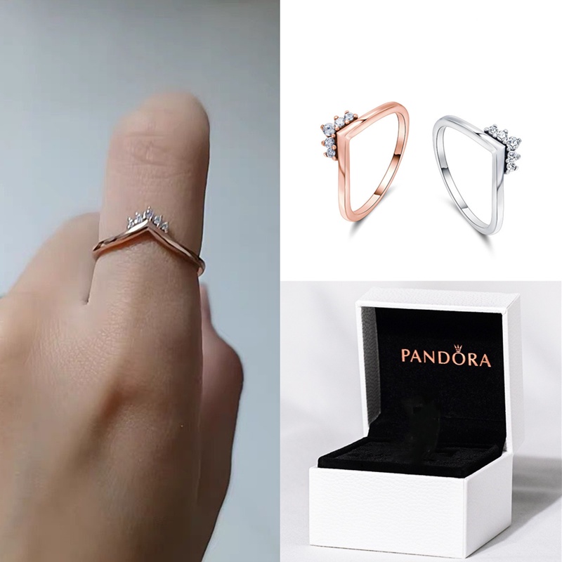 Pandora Cincin 925 Silver Bentuk V Mahkota Aksen Berlian Kubik Zirkonia Untuk Pernikahan