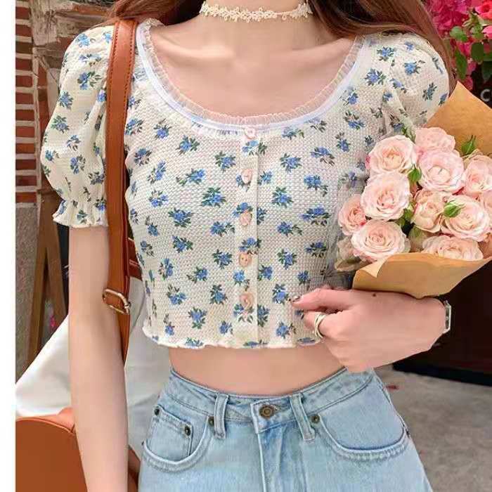 BF Angin T-shirt Wanita Musim Panas Perancis Puff Lengan Floral Top Pendek Renda Pusar Gaun Tipis da