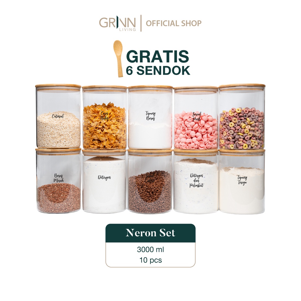 GRINN LIVING  SET PAKET Neron glass Bamboo jar 3000 ml toples tutup bambu kayu / tempat beras