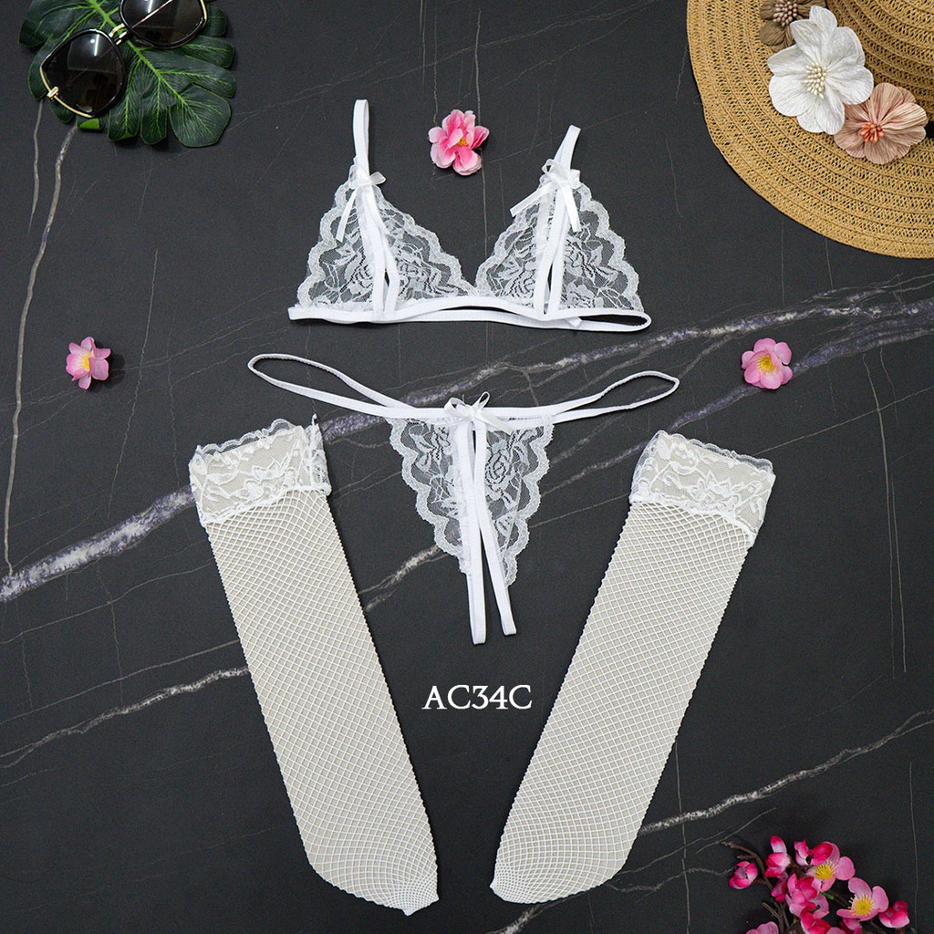 [BISA COD] UNDERWEAR WANITA BRA G STRING + STOCKING SEXY LACE PUTIH AC34C