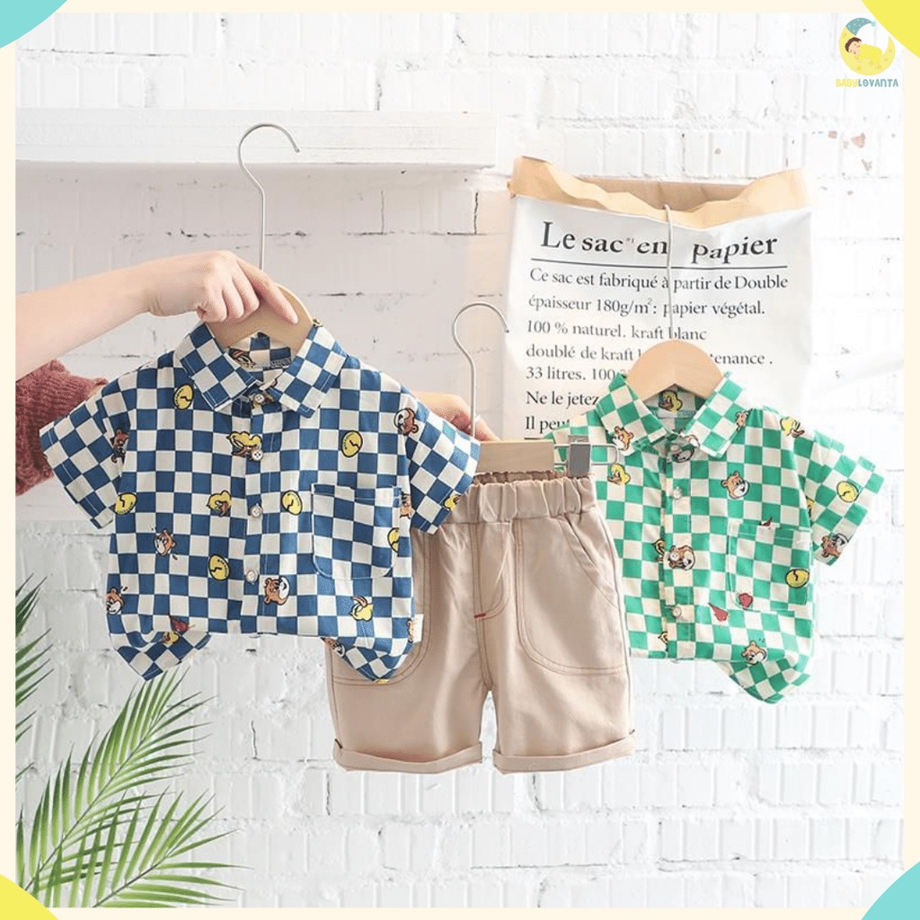 Babylovanta- Setelan anak laki-laki motif KOTAK BLUE GREEN premium korea import