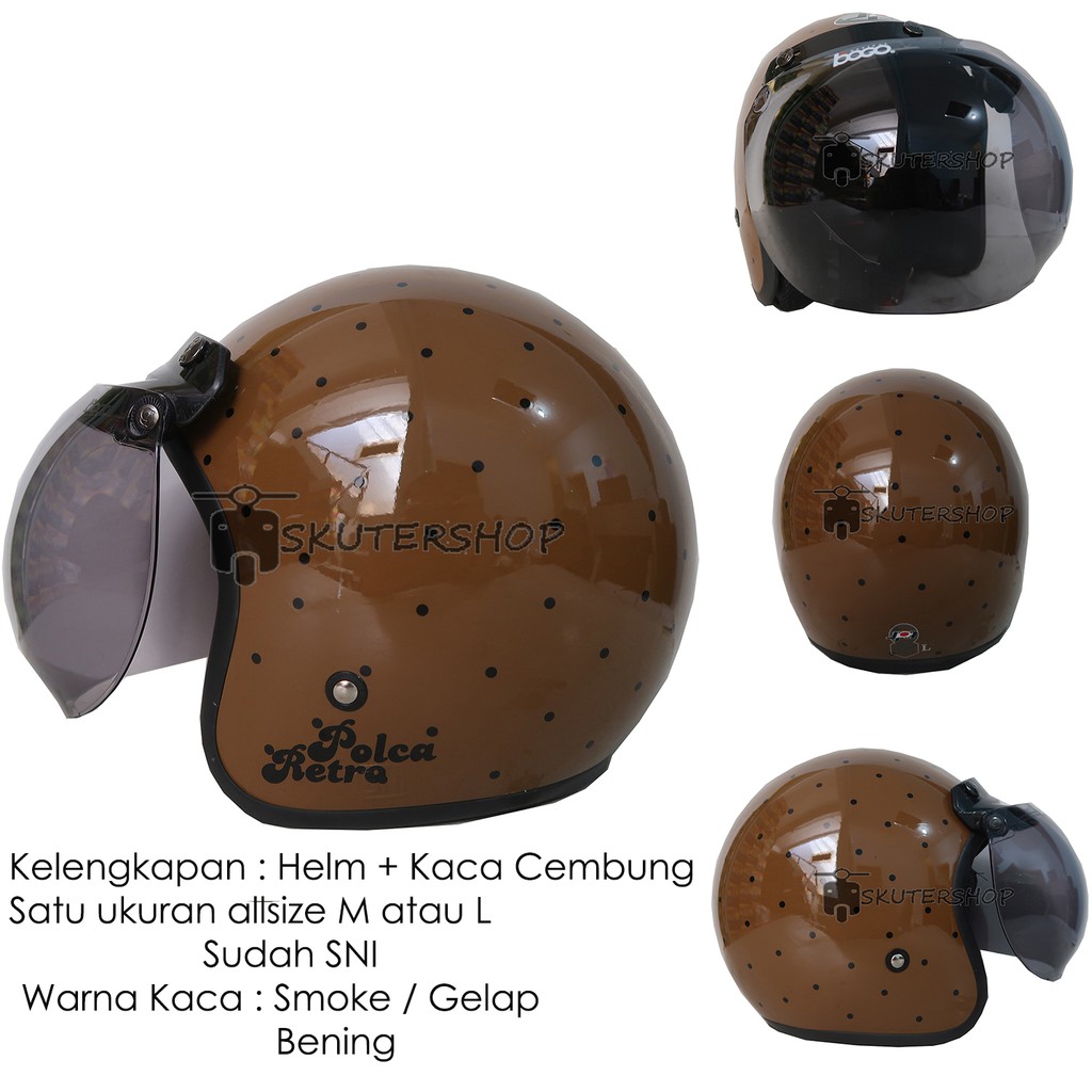 Andriawanhs JPN Helm Bogo Retro Klasik Polkadot Polca Retro Coklat Glossy Dot Hitam Kaca Bogo Ori