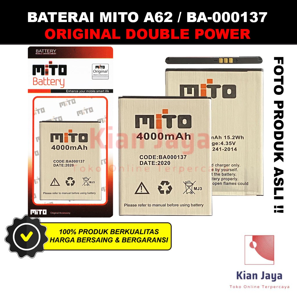 Baterai Mito Fantasy A62 BA-000137 Original Double Power Batre Batrai Battery Hp BA000137 Ori