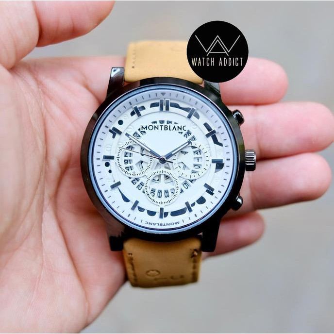 Jam Tangan Pria Cowok Montblanc Chrono Variasi Strap Kulit Coklat Muda