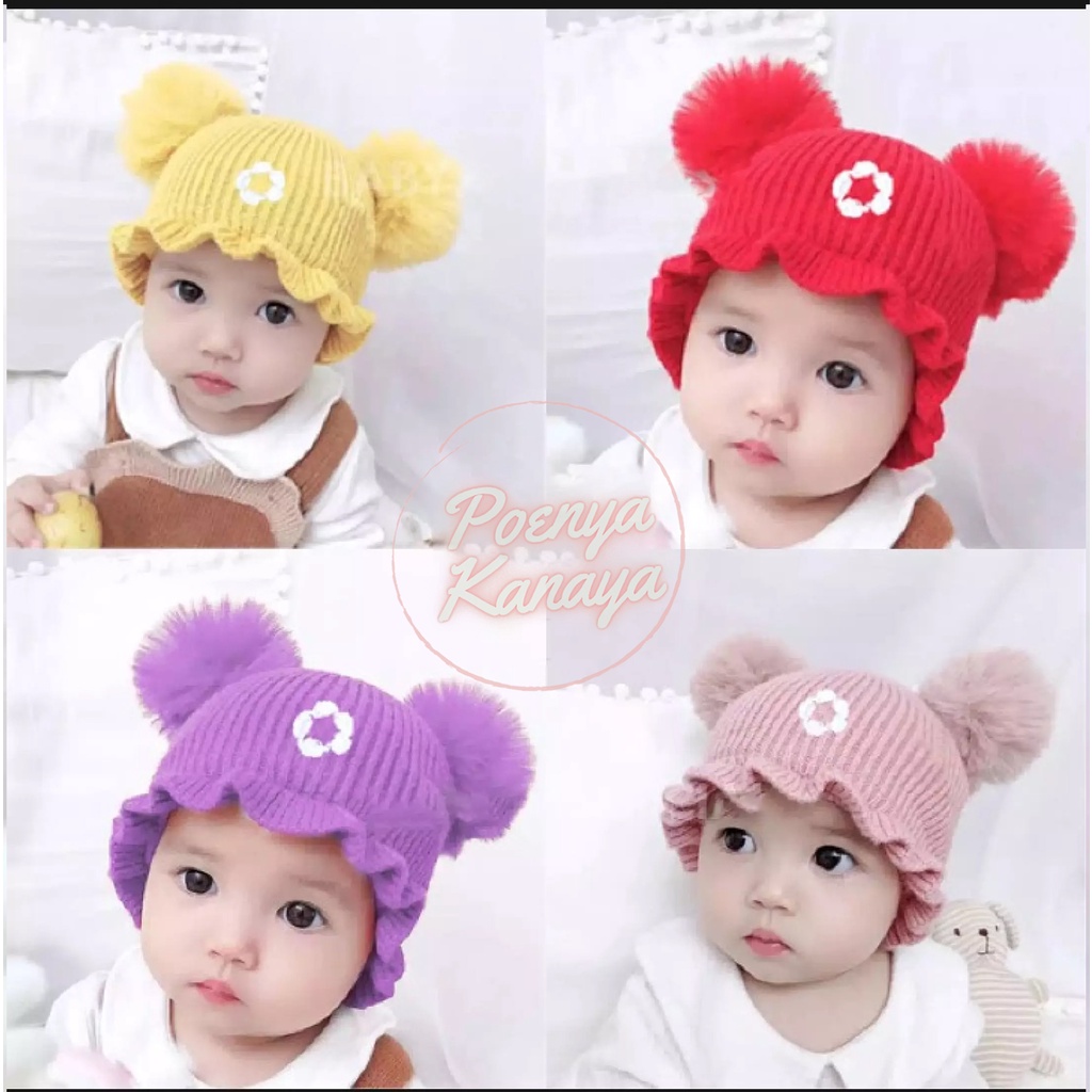 Topi Kupluk Bayi Rajut RENDA Pompom Lucu TP22