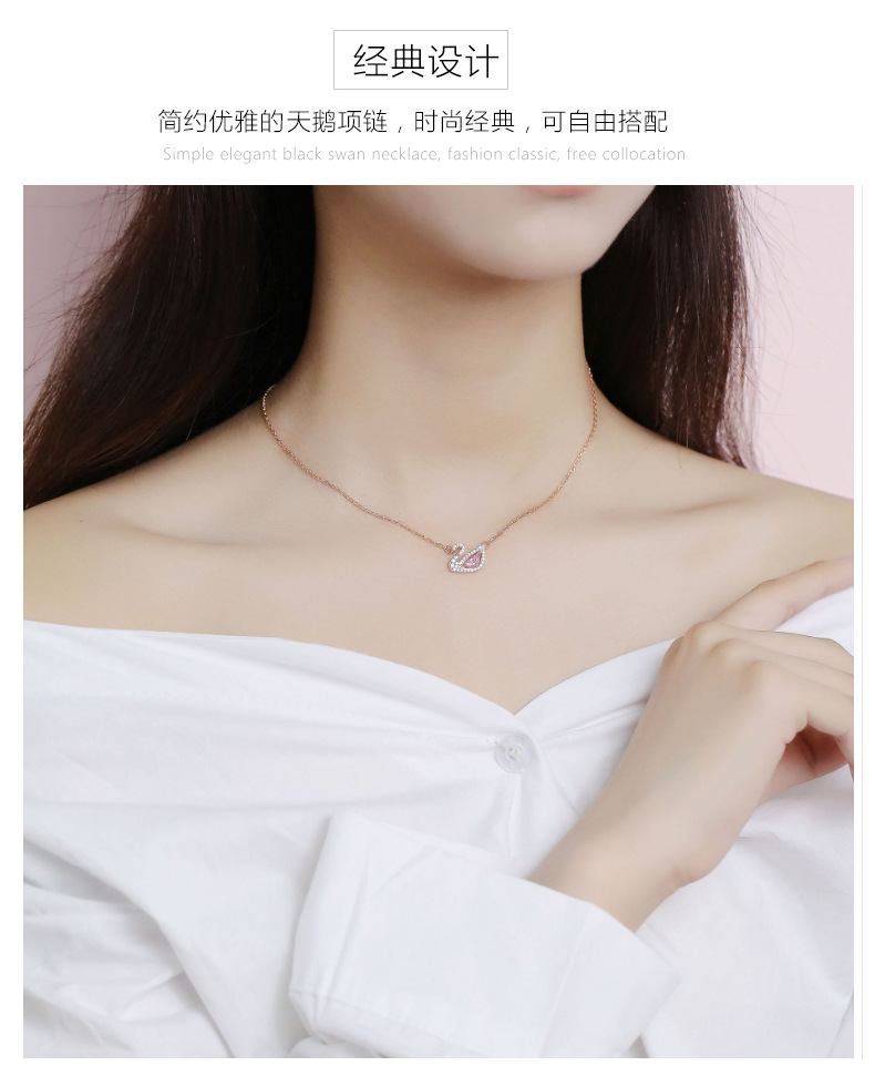 Kalung Rantai Liontin Angsa Aksen Berlian Imitasi Warna Pink Bahan Titanium Gaya Korea Untuk Wanita