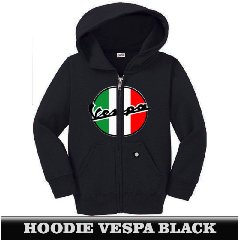 Jaket Hoodie Sweater Zipper Vespa Italy Hitam Logo Bordir Pria Wanita Harian Termurah