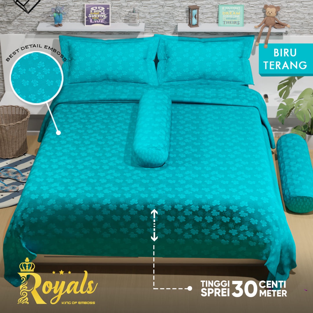 Royals Emboss BedCover SET Sprei Uk 160/180 - Biru Terang