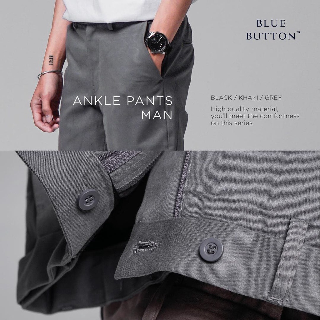 BlueButton Smart Chino Ankle Pants Formal Slim Fit Stretch Magic Waist Celana Panjang Chino Light Grey