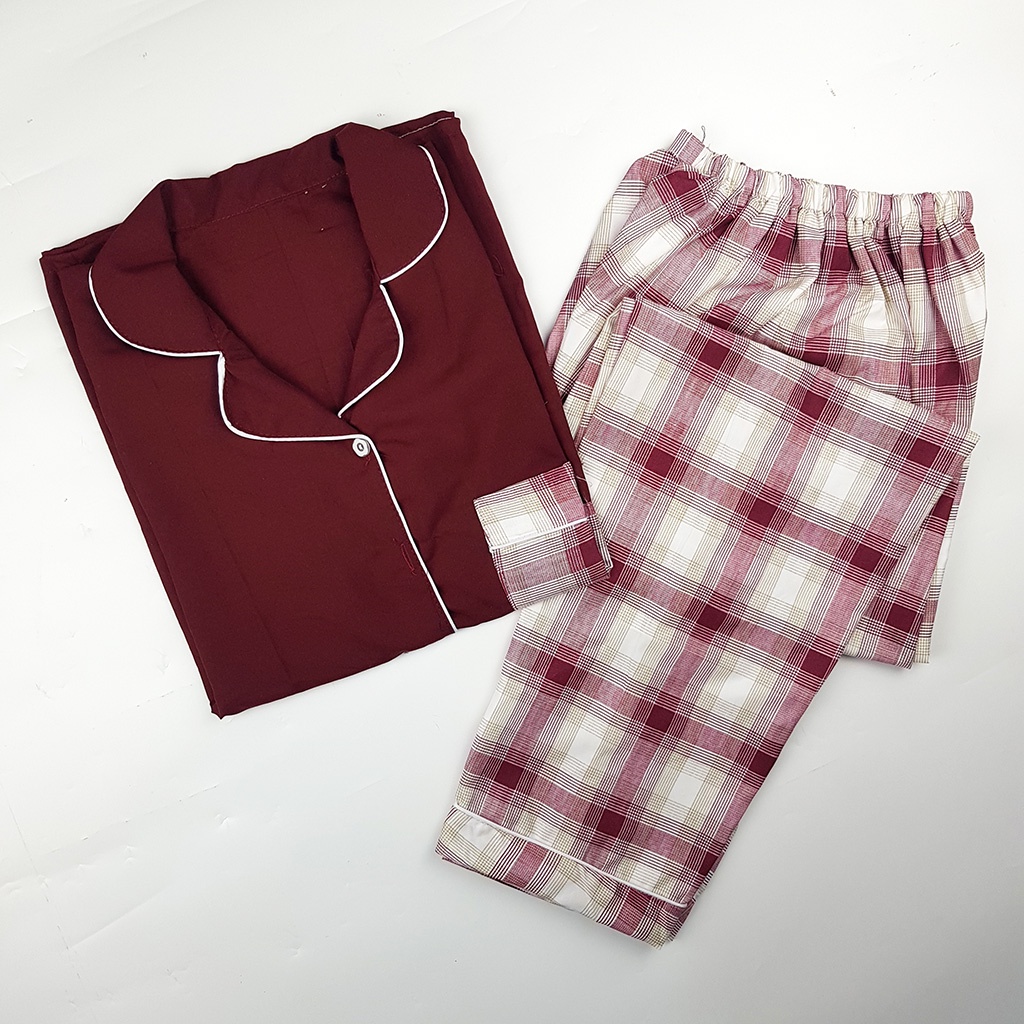 Baju Tidur Piyama Wanita Dewasa Setelan CP Motif Trendy-CPL KOTAK MARUN COMB