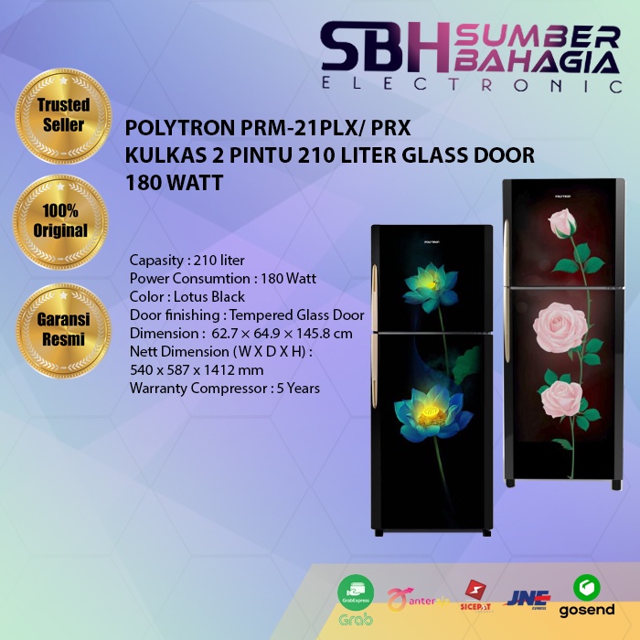 POLYTRON PRM-21PLX/ PRX KULKAS 2 PINTU 210 LITER GLASS DOOR 180 WATT (NEW) (KHUSUS BANDUNG)