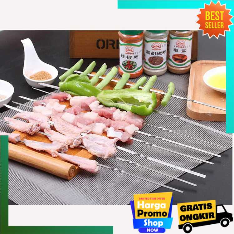 Tusukan Sate,Tusuk Sate,Barbeque,BBQ,Seafood,Skewers Stainless Steel Reusable 34cm 50 Pcs-478