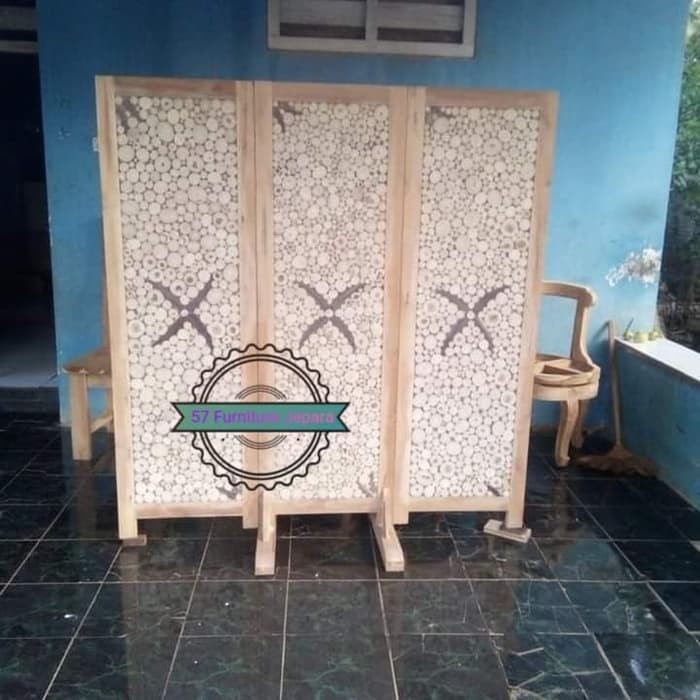 Sketsel penyekat jati - Partisi 3 pintu antik pemisah ruangan mentahan