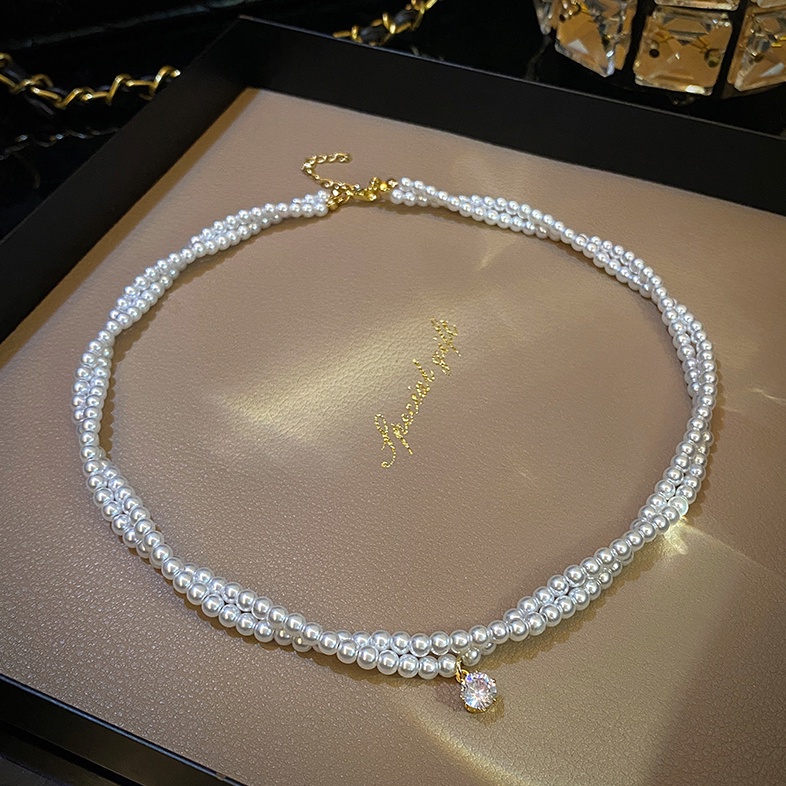 Kalung Liontin Mutiara Zircon Double Layer Untuk Aksesoris Wanita