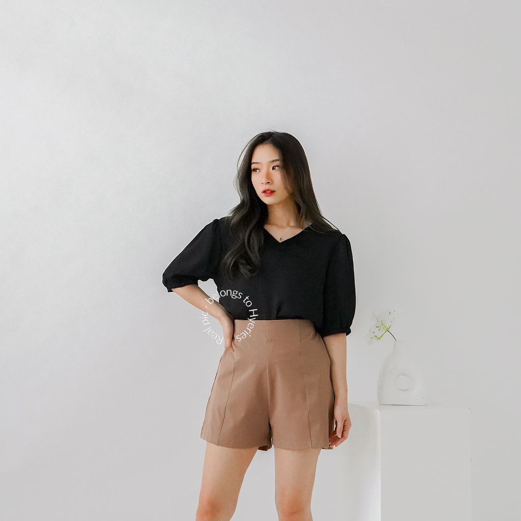 HYERIES Bomi top / Atasan Casual Wanita Korea / Vneck Puffy Sleeve Top / Atasan Lengan Balon / Blouse Wanita / Pakaian Polos Wanita