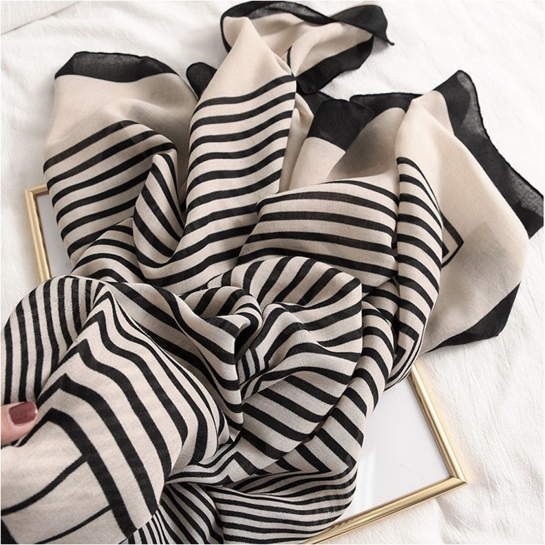 Scarf Syal Kerudung Wanita Import Motif Garis Pashmina Modern Elegant Scarf Modern Hijab Kain Halus-3