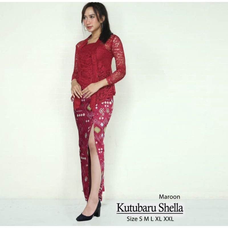 SET KEBAYA KUTUBARU SHELLA+KAMISOL+ ROK SPAN BELAH SIZE S-XXL