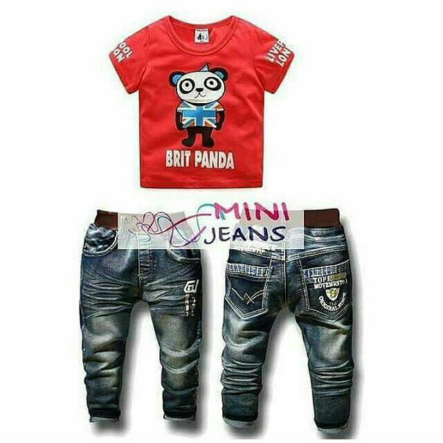BAJU ANAK SETELAN ANAK LAKI LAKI CELANA JEANS PANJANG KAOS LENGAN PENDEK  SET PANDA MINIJEANS