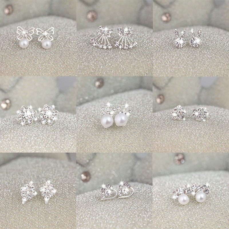 Anting Mutiara Pejantan Kristal Fashion Heart Pearl Crystal Stud Earring Charm Zircon Star Earrings Jewelry for Women Lady Gift